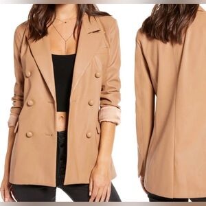 Blank NYC|Tan Vegan leather boyfriend blazer,tailored double breasted blazer•••